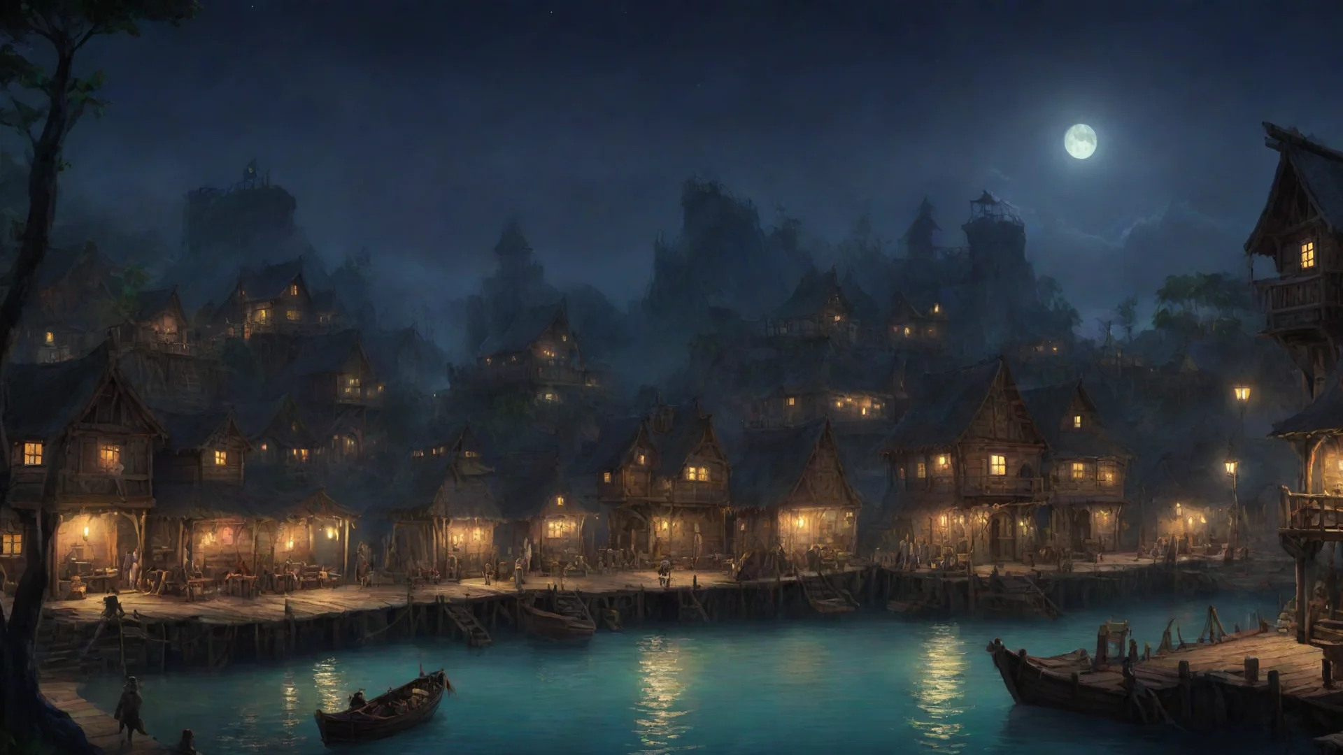 aipirate village by night concept art wide