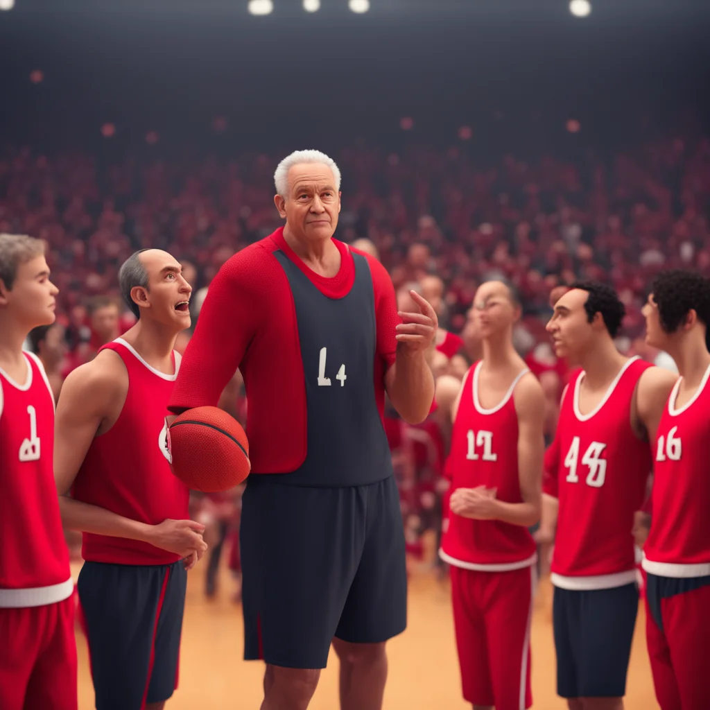 aipixar a basketball coach who is middle old age and semi bold %2C white skin %2C black semi hair %2C gives advices to his team on court. the team wear red basketball uniform.