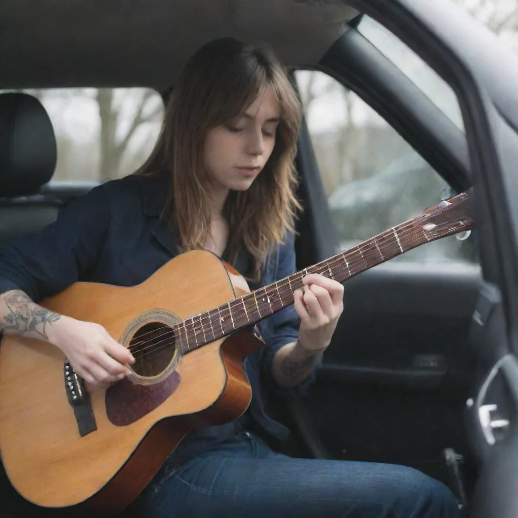 aiplaying guitare in a car