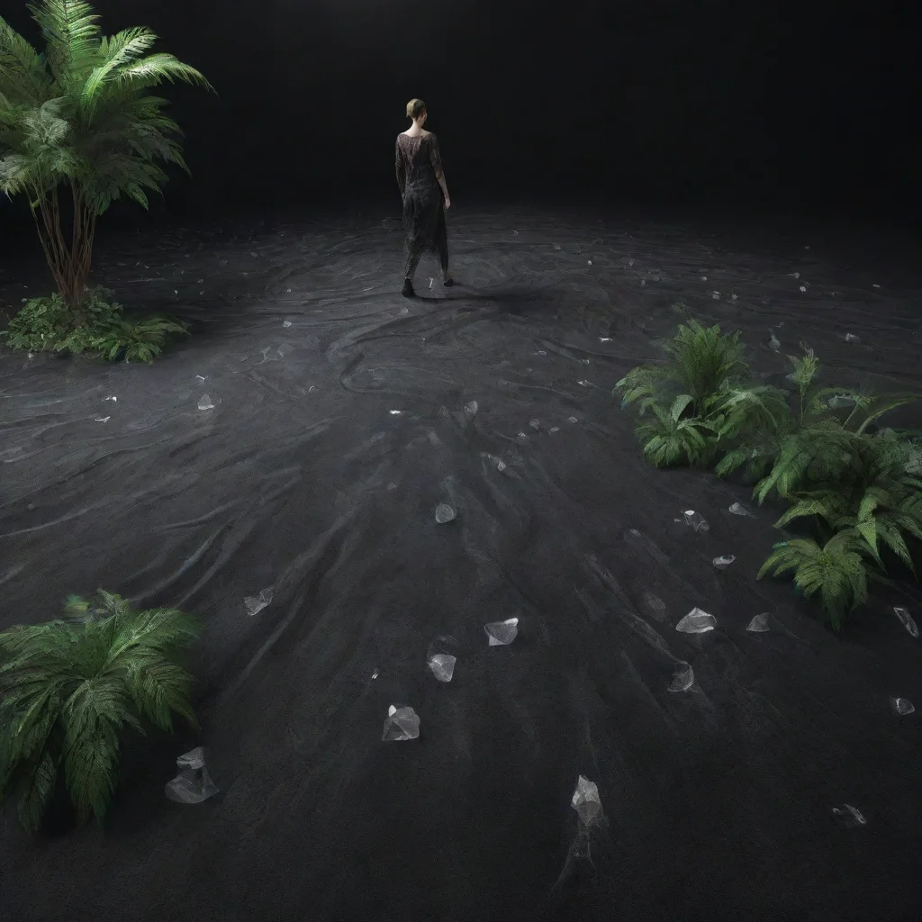 aipoint cloud data of human walking with flowing fabric andplants and crystals on floor  3d octane render  solid black bac