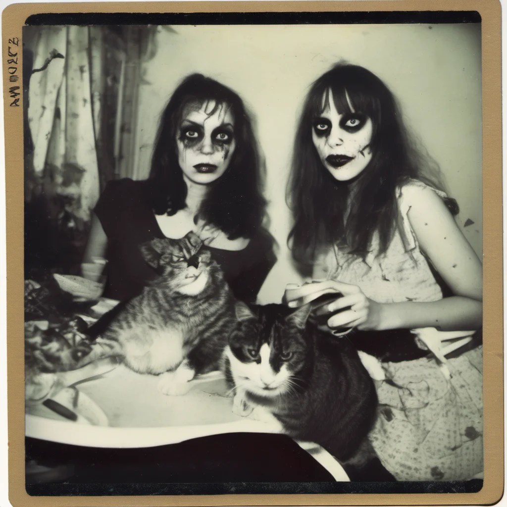 polaroid image of two wannabe zombie girls eating a living cat   uncanny   sexy   abbatoir   