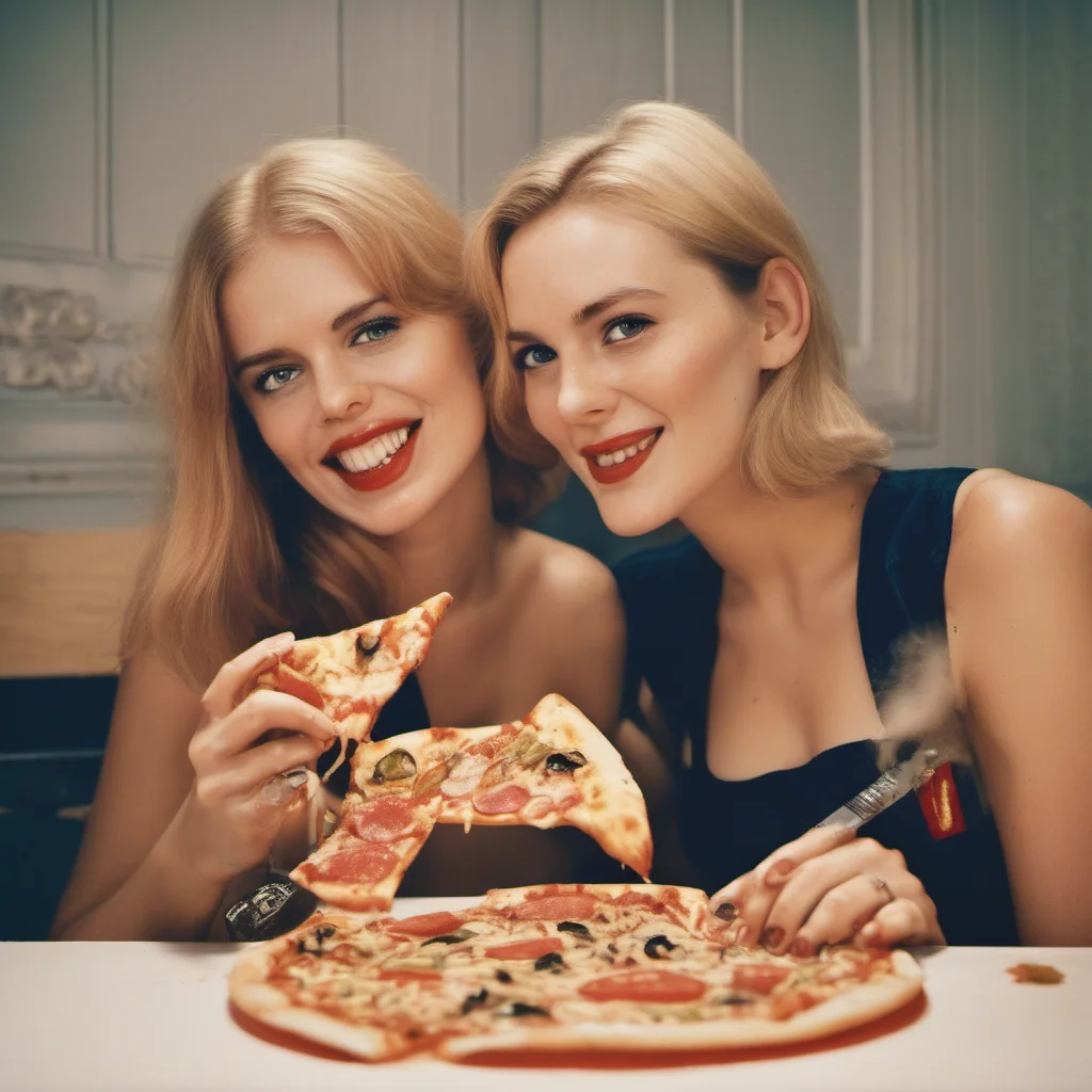 aipolaroid style image of two seductive german girls sharing a dr. oetker pizza ing amazing awesome portrait 2