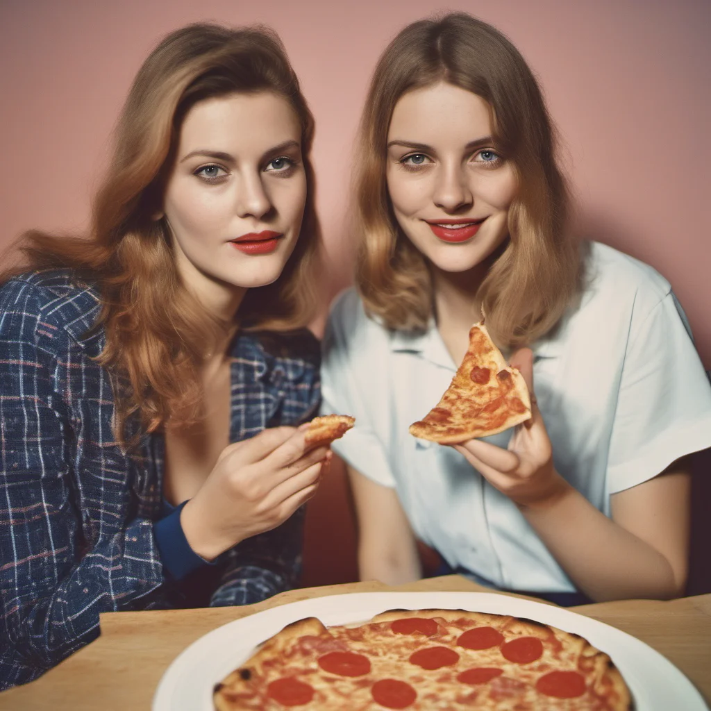 polaroid style image of two seductive german girls sharing a dr. oetker pizza ing confident engaging wow artstation art 3