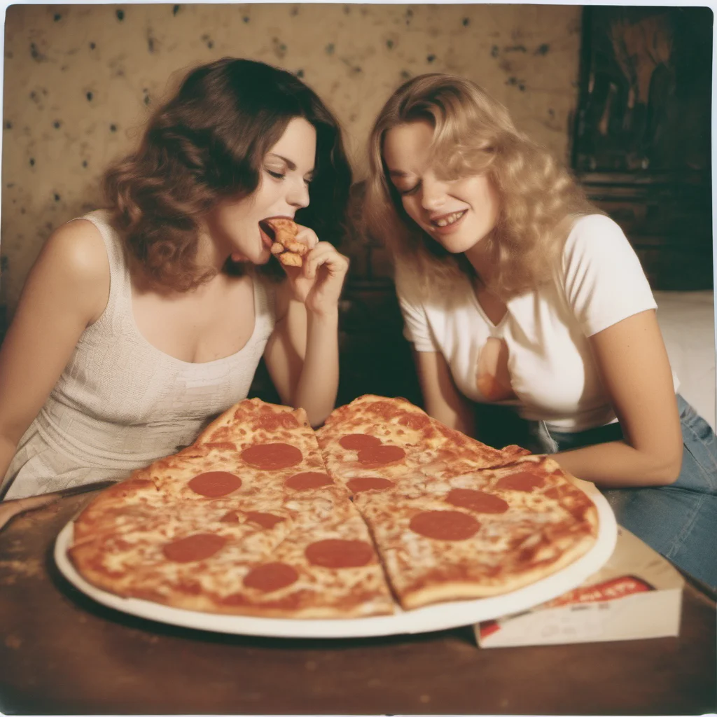 aipolaroid style image of two seductive german girls sharing a dr. oetker pizza ing