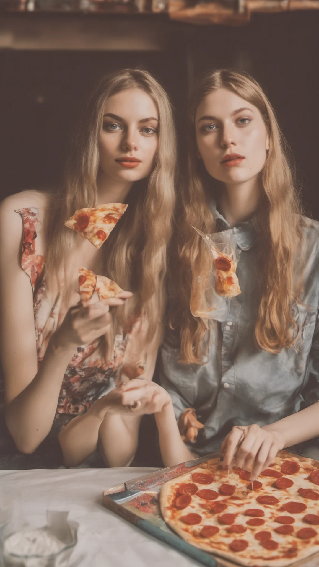 polaroid style image of two sensual german girls  22 yo   sharing a dr. oetker pizza ing confident engaging wow artstation art 3 tall