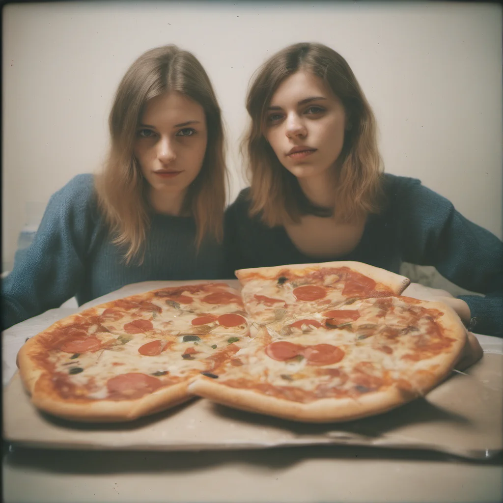 polaroid style image of two sensual german girls  22 yo   sharing a dr. oetker pizza ing confident engaging wow artstation art 3