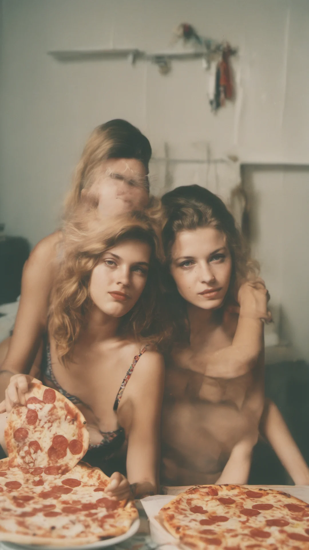 polaroid style image of two sensual german girls  22 yo   sharing a dr. oetker pizza ing good looking trending fantastic 1 tall