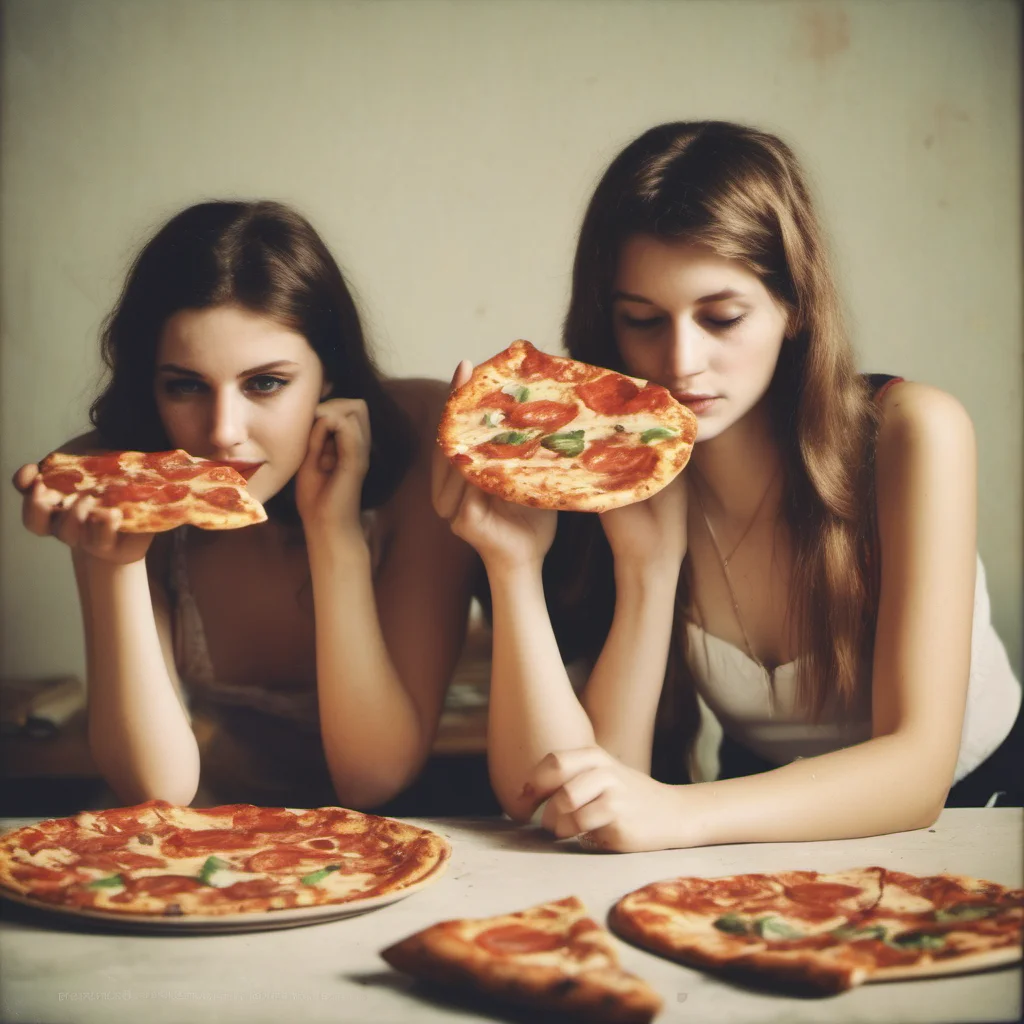 aipolaroid style image of two sensual german girls  22 yo   sharing a dr. oetker pizza ing good looking trending fantastic 1