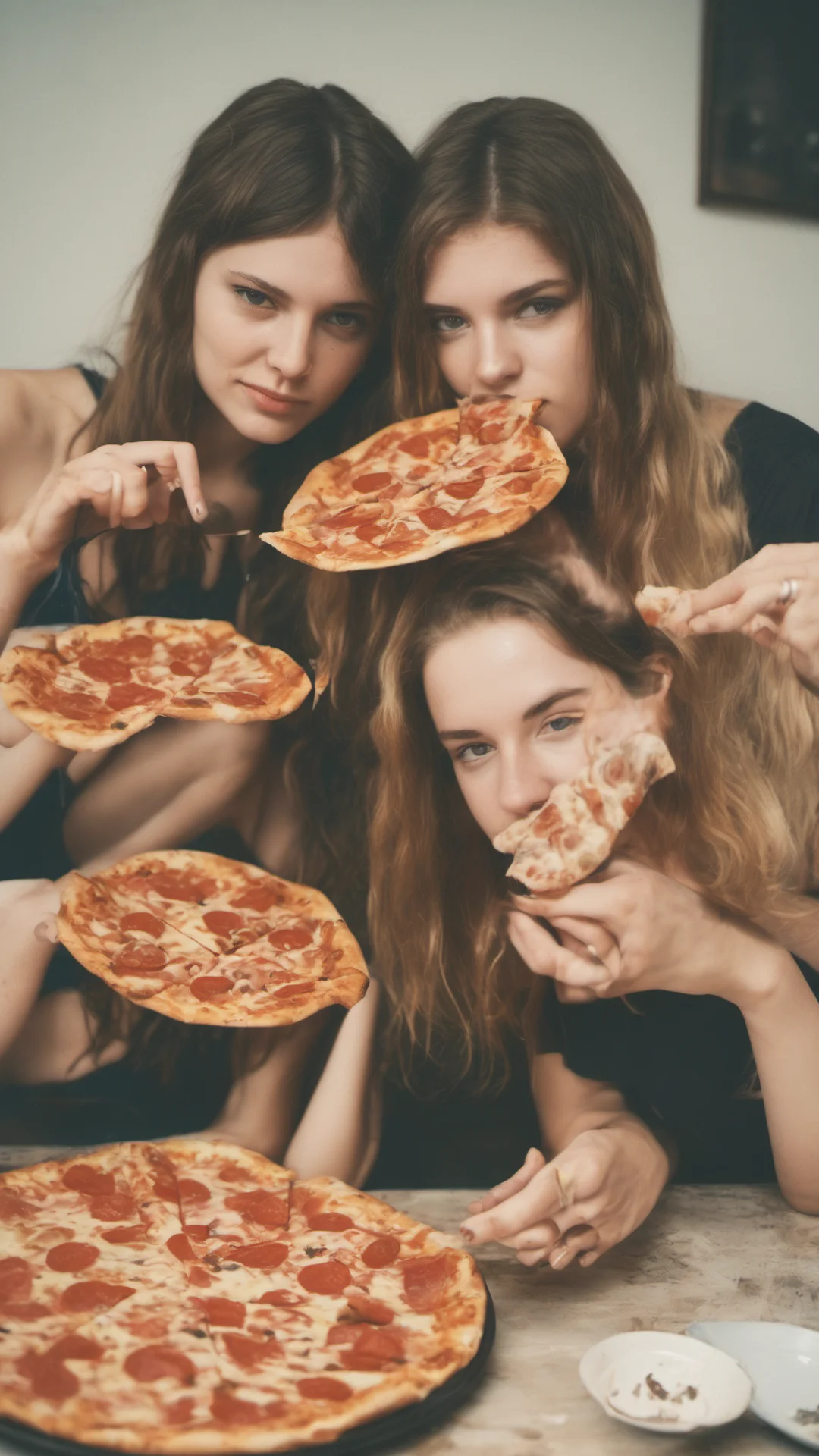 aipolaroid style image of two sensual german girls  22 yo   sharing a dr. oetker pizza ing tall