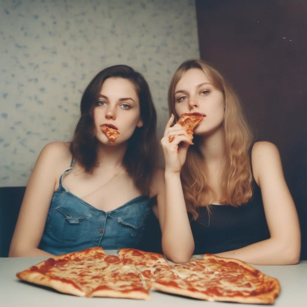 aipolaroid style image of two sensual german girls  22 yo   sharing a dr. oetker pizza ing