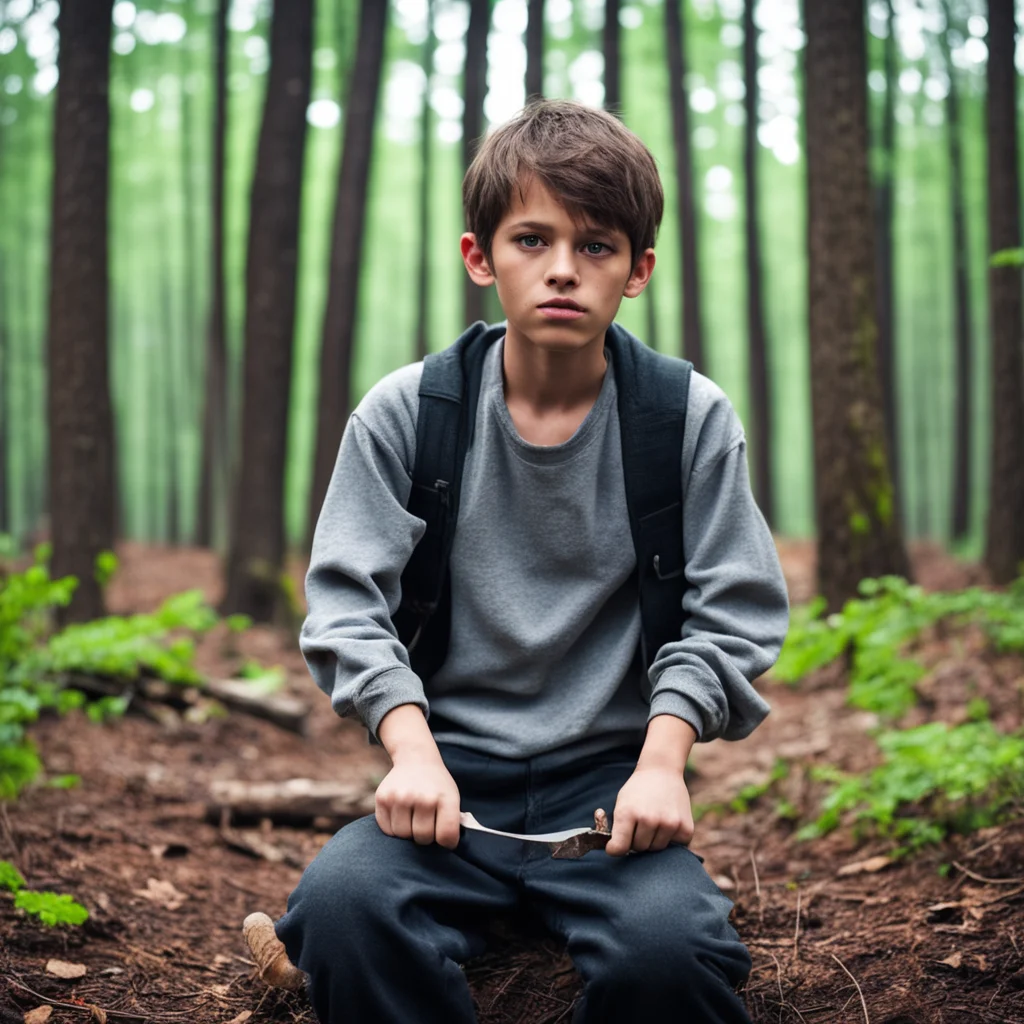 poor and beautiful boy with knife in the forest