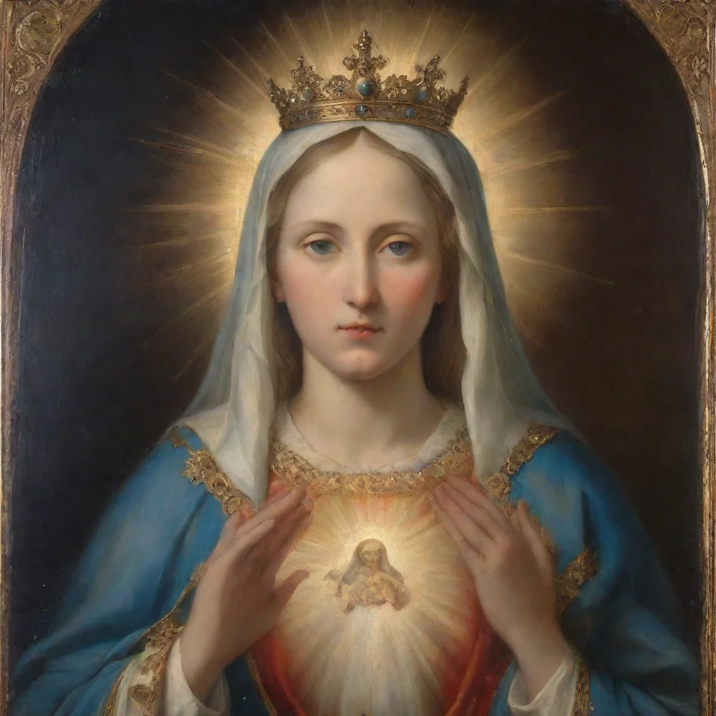 portrait for saint mary the queen hold jesus christ in the middle with cercular light crown fron 19th century italian artest