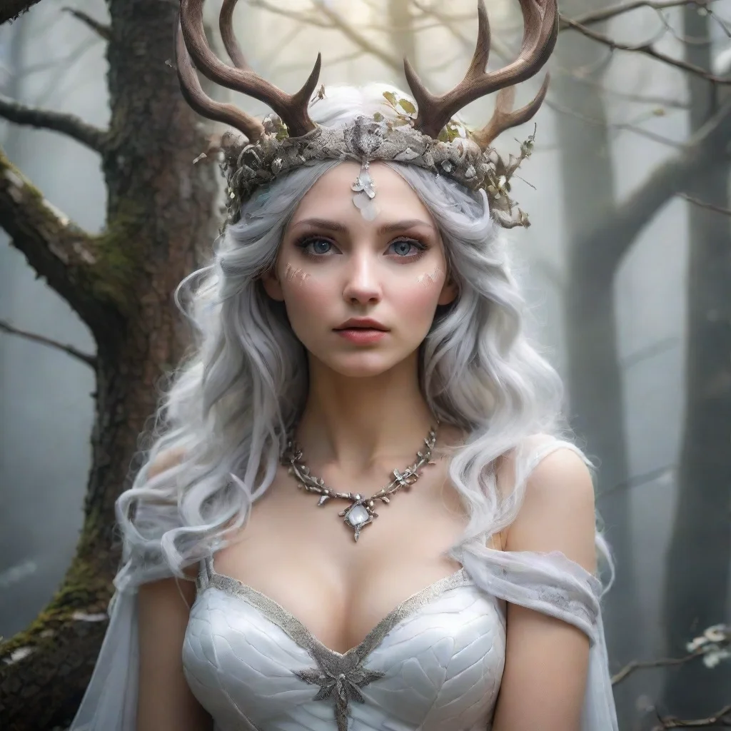 portrait half body waist up beautiful girl goddess elder tree white snake crown elk hornmist stunning atmosphere insanel