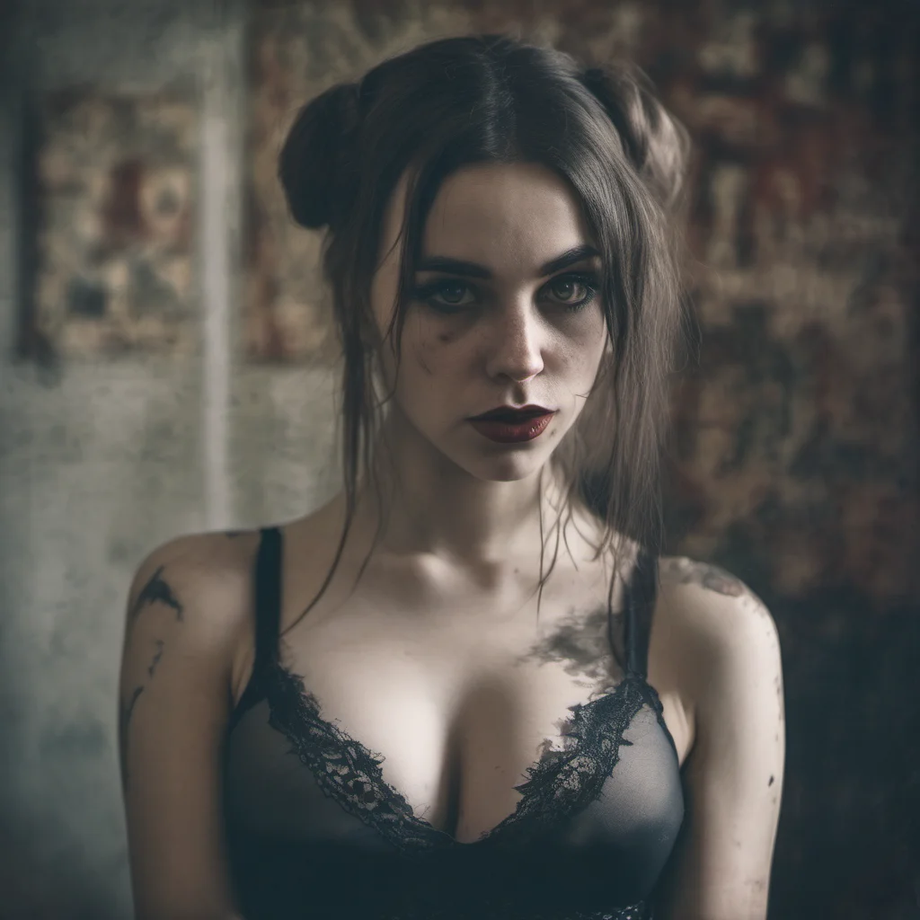 portrait of a criminal mean lolita girl posing in her bra    cinematic grunge