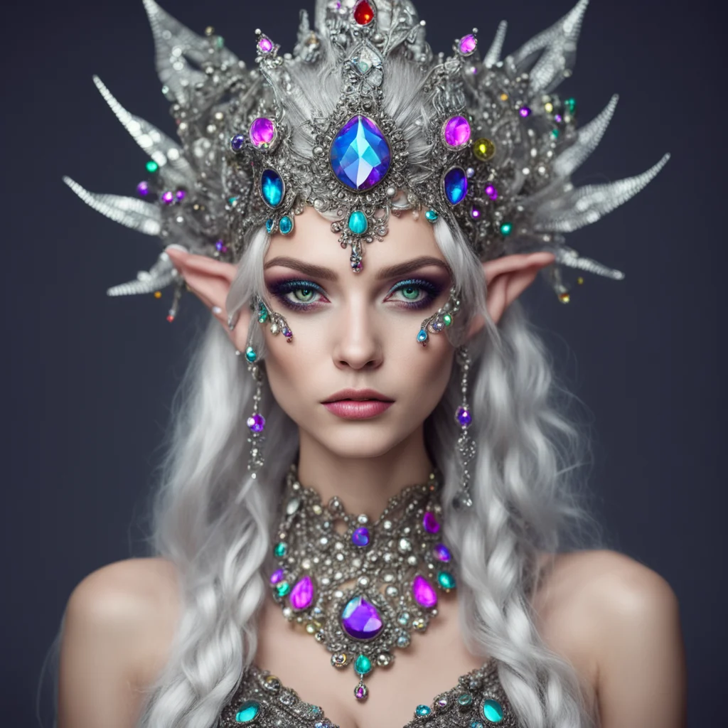 aiportrait of a mysterious beautiful elf%2C female%2C with a strange silver headdress with plenty of multicolored jewels