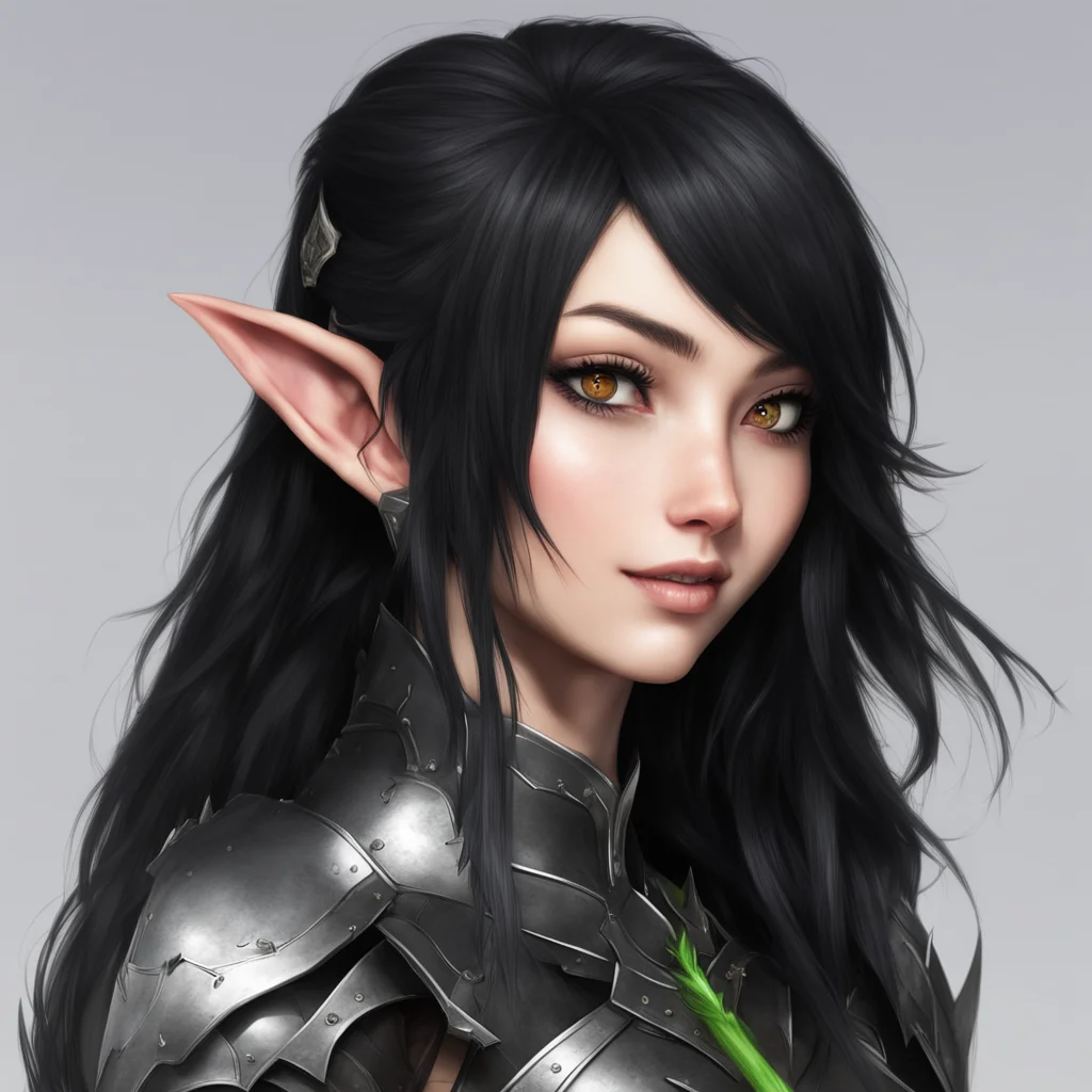 aiportrait three quarter view of beautiful female elf%2C perfect face%2C detailed black hair%2C eyes like anime%2C smiling mouth%2C concept art%2C confident%2C spiked armor%2C anime style