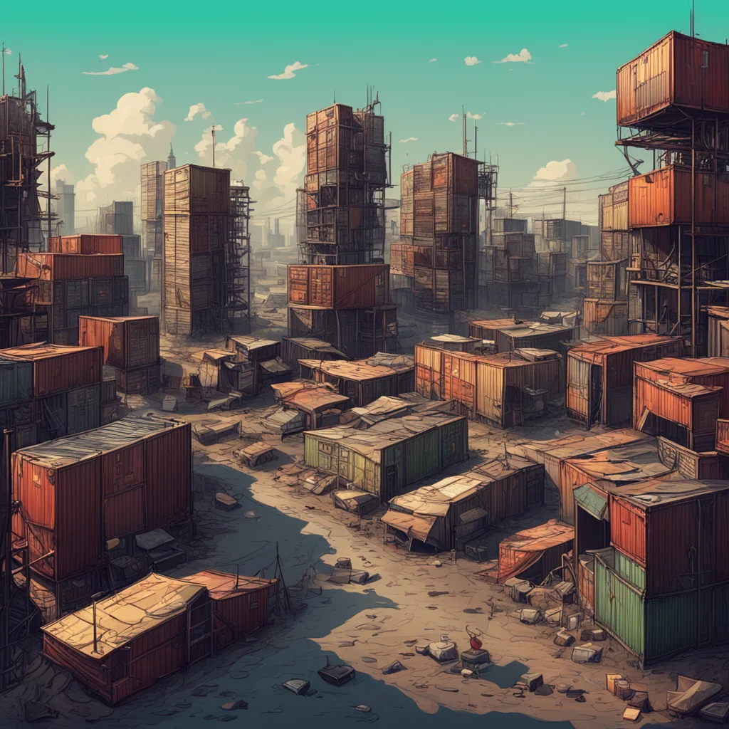 aipost apocalyptic city composed of ship containers%2C slums%2C and tents detailed illustration