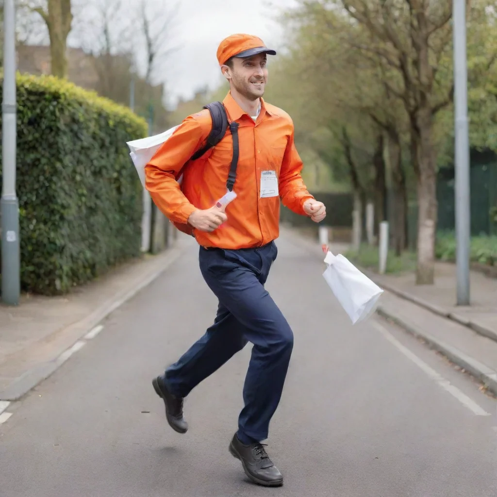 aipostman running with one mail without any bag on his bag