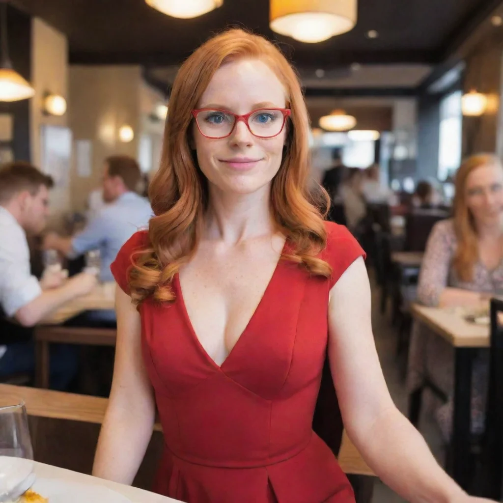 aipov cute ginger nerdy mother in red dress at a restaurant