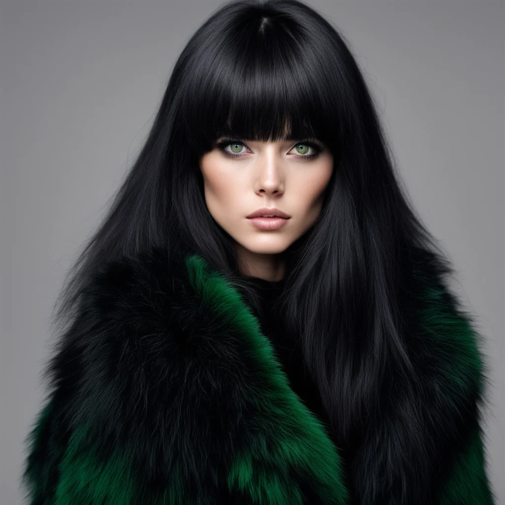 aipretty female%2C black long hair with bangs%2C green eyes%2C oversized black fur coat seductive amazing awesome portrait 2
