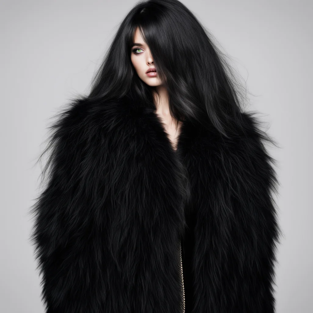 aipretty female%2C black long hair with bangs%2C green eyes%2C oversized black fur coat seductive confident engaging wow artstation art 3
