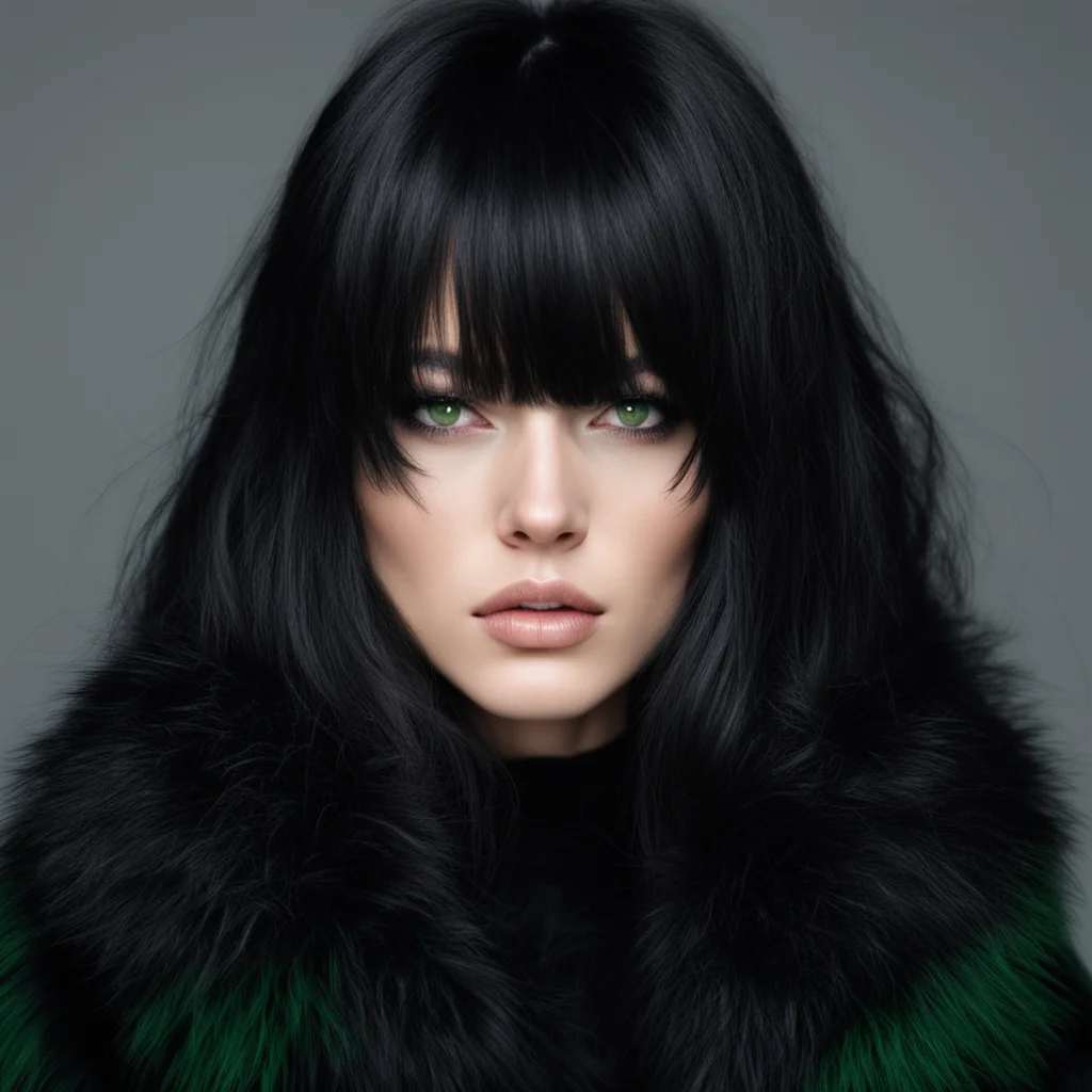 aipretty female%2C black long hair with bangs%2C green eyes%2C oversized black fur coat seductive good looking trending fantastic 1