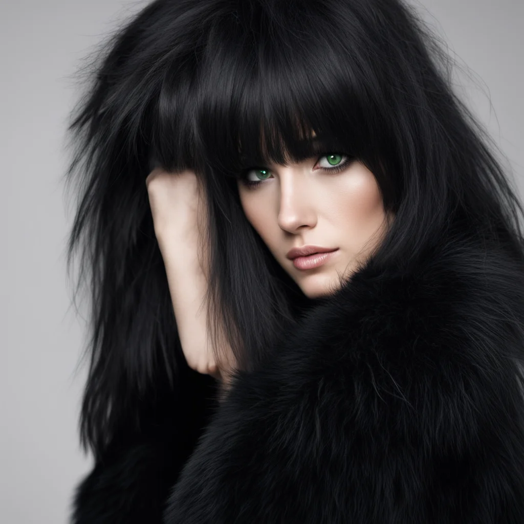 aipretty female%2C black long hair with bangs%2C green eyes%2C oversized black fur coat seductive