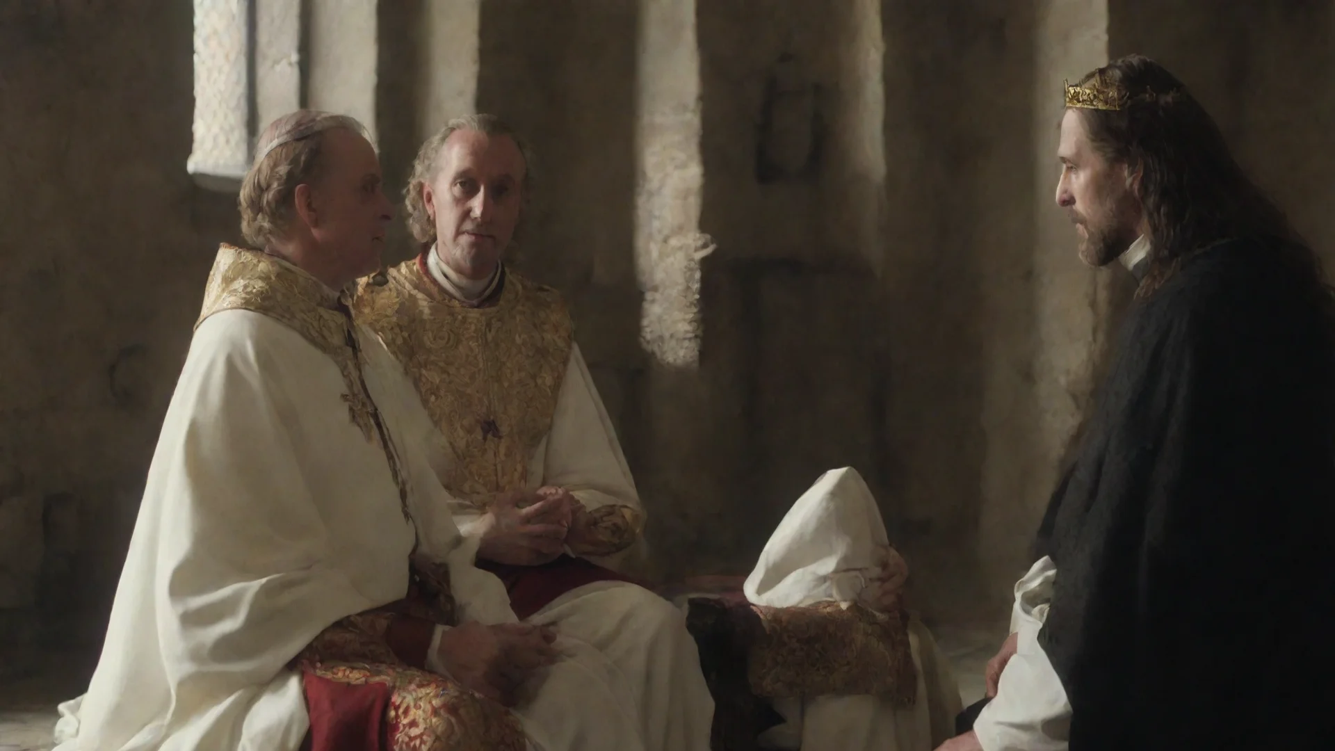 priest and medieval king sit and talk  wide
