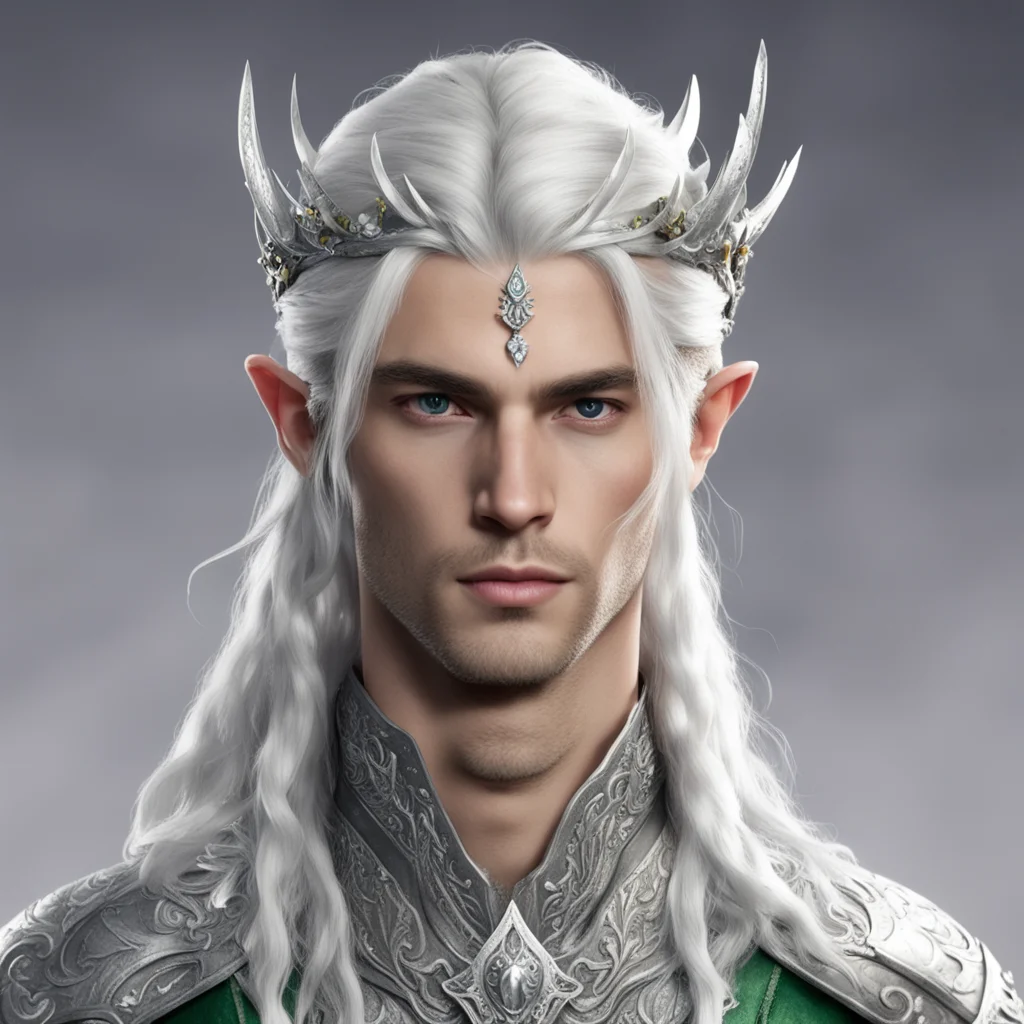 prince celeborn with braided hair and wearing silver elvish circlet of silver leaf and diamond berry