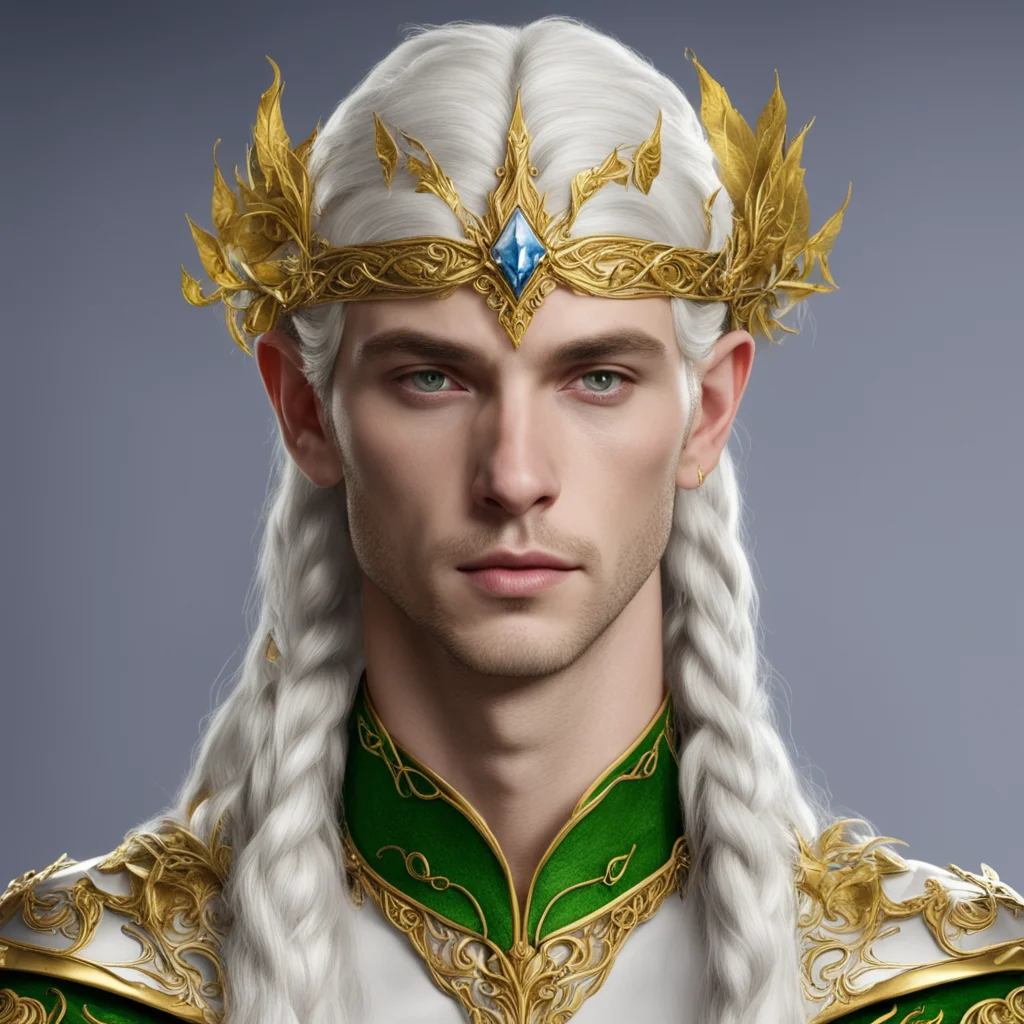 aiprince celeborn with braids wearing gold elvish circlet with mallorn leaves made of silver with diamonds confident engaging wow artstation art 3