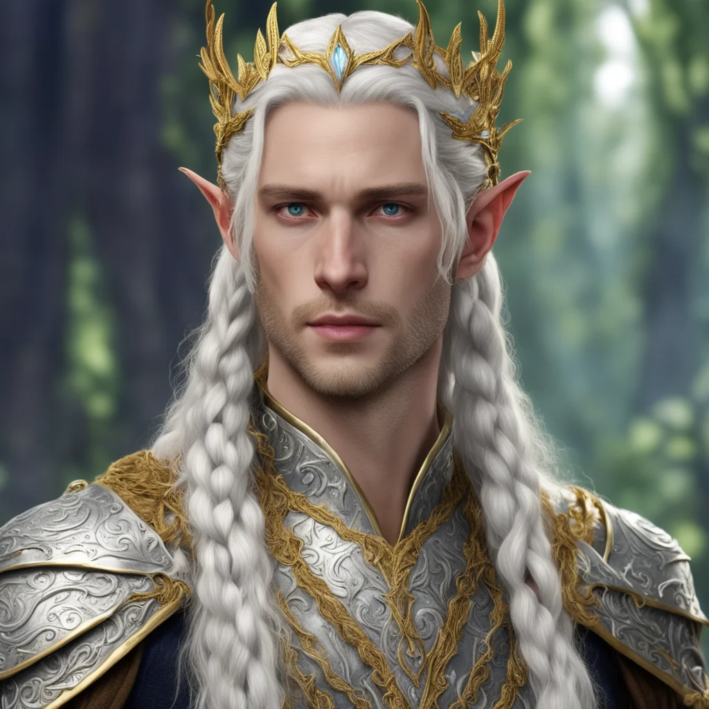 aiprince celeborn with braids wearing gold elvish circlet with mallorn leaves made of silver with diamonds good looking trending fantastic 1