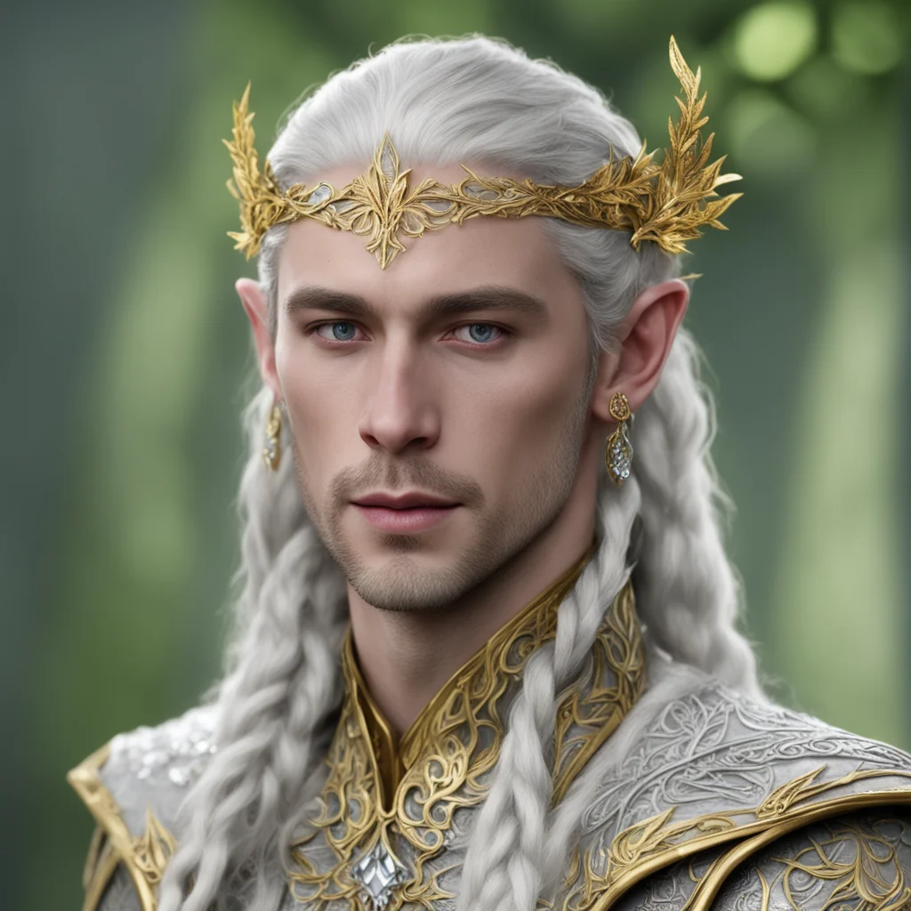 aiprince celeborn with braids wearing gold elvish circlet with mallorn leaves made of silver with diamonds