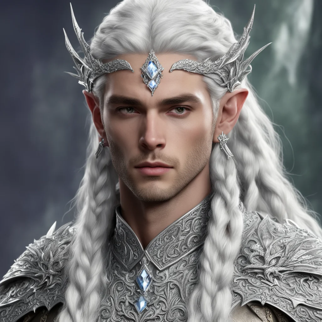 aiprince celeborn with braids wearing silver dragon silver elvish circlet encrusted with diamonds and large center diamond amazing awesome portrait 2