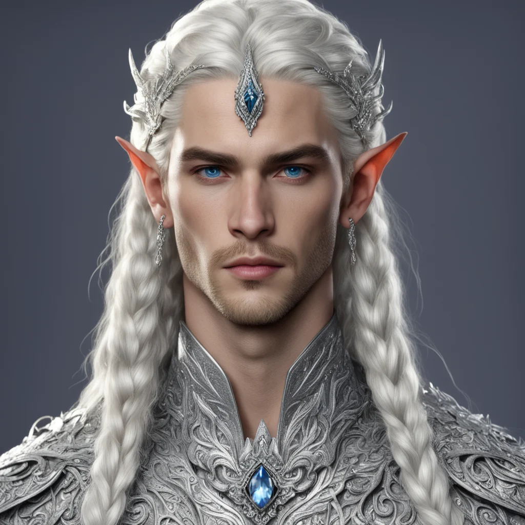 aiprince celeborn with braids wearing silver dragon silver elvish circlet encrusted with diamonds and large center diamond confident engaging wow artstation art 3