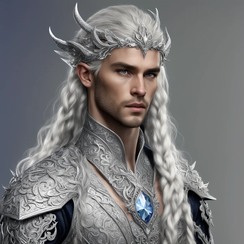 aiprince celeborn with braids wearing silver dragon silver elvish circlet encrusted with diamonds and large center diamond good looking trending fantastic 1