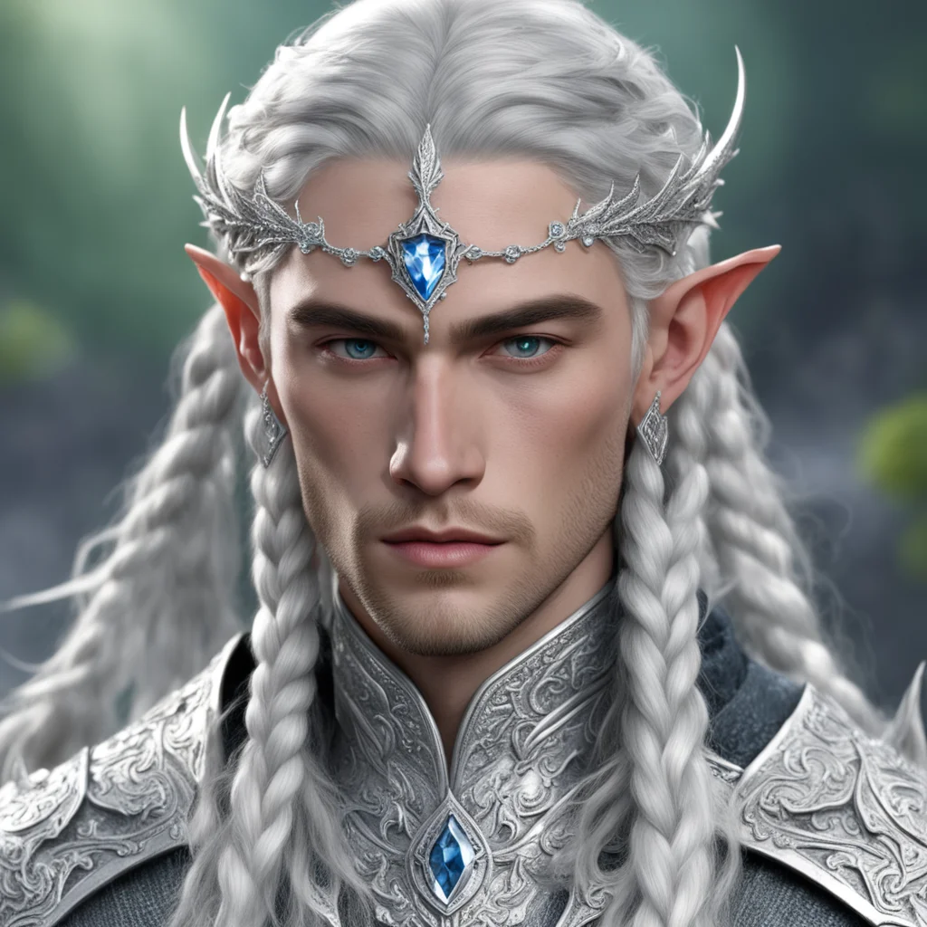 aiprince celeborn with braids wearing silver dragon silver elvish circlet encrusted with diamonds and large center diamond