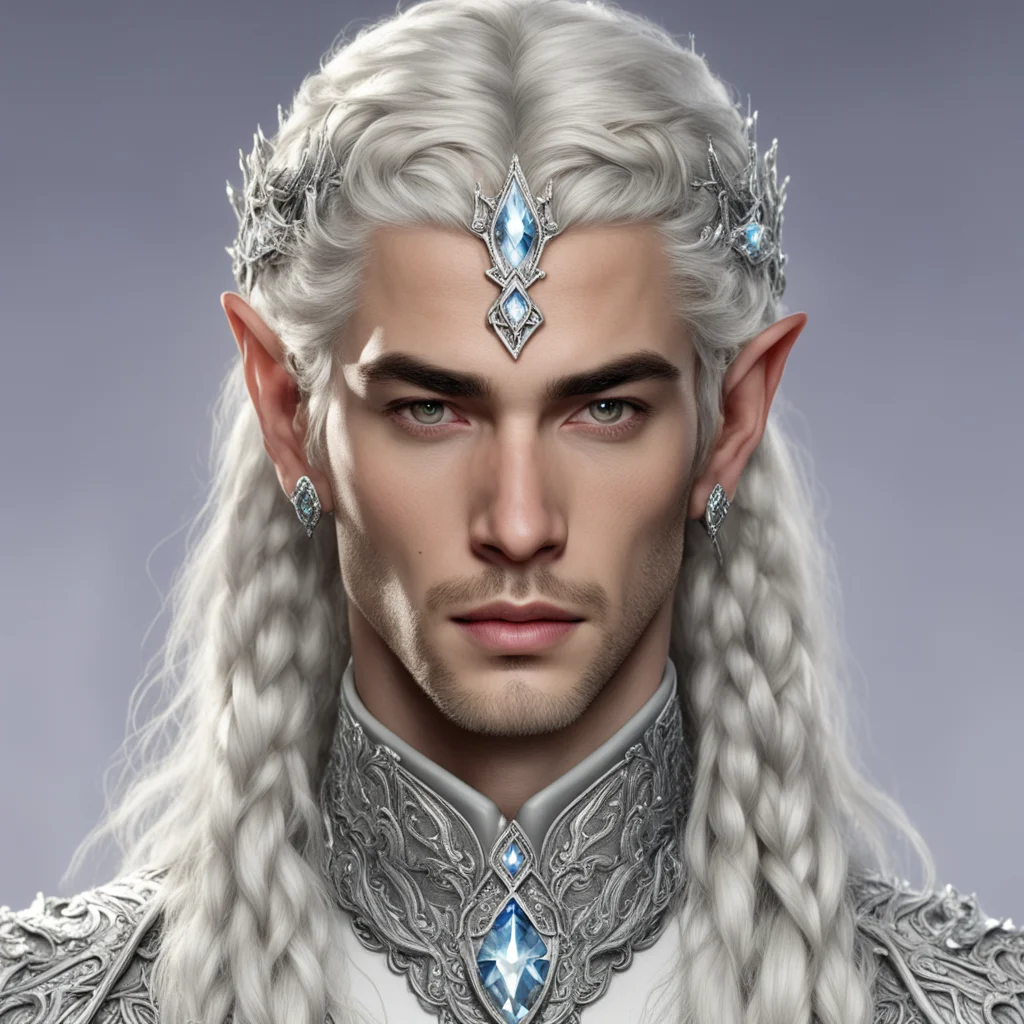 aiprince celeborn with braids wearing silver elvish circlet encrusted with diamonds with large center diamond amazing awesome portrait 2