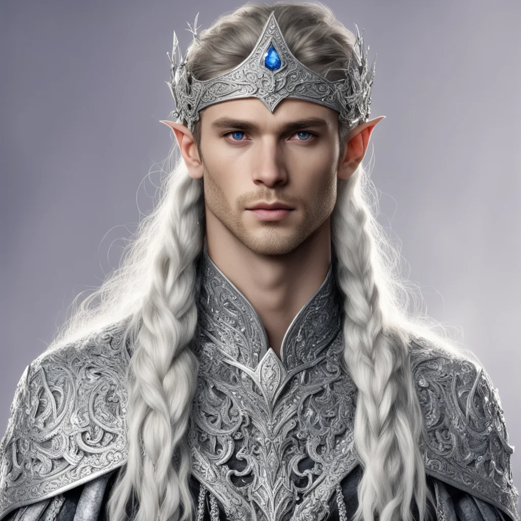 aiprince celeborn with braids wearing silver elvish circlet encrusted with diamonds with large center diamond