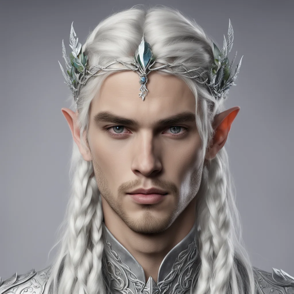 aiprince celeborn with braids wearing silver elvish circlet with silver leaf and diamond berry good looking trending fantastic 1
