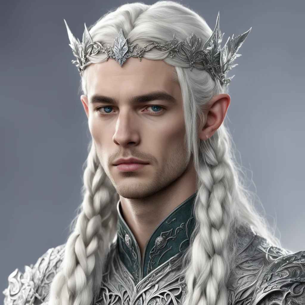 prince celeborn with braids wearing silver elvish circlet with silver leaf and diamond berry