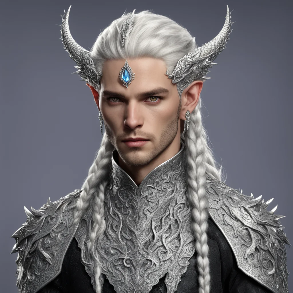 aiprince celeborn with braids wearing silver fiery dragon silver elvish circlet encrusted with diamonds with larger center diamond amazing awesome portrait 2