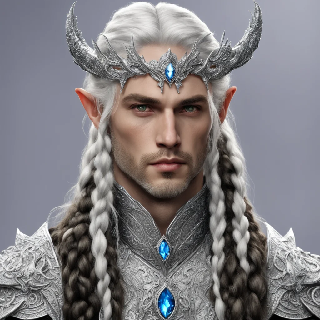 prince celeborn with braids wearing silver fiery dragon silver elvish circlet encrusted with diamonds with larger center diamond good looking trending fantastic 1
