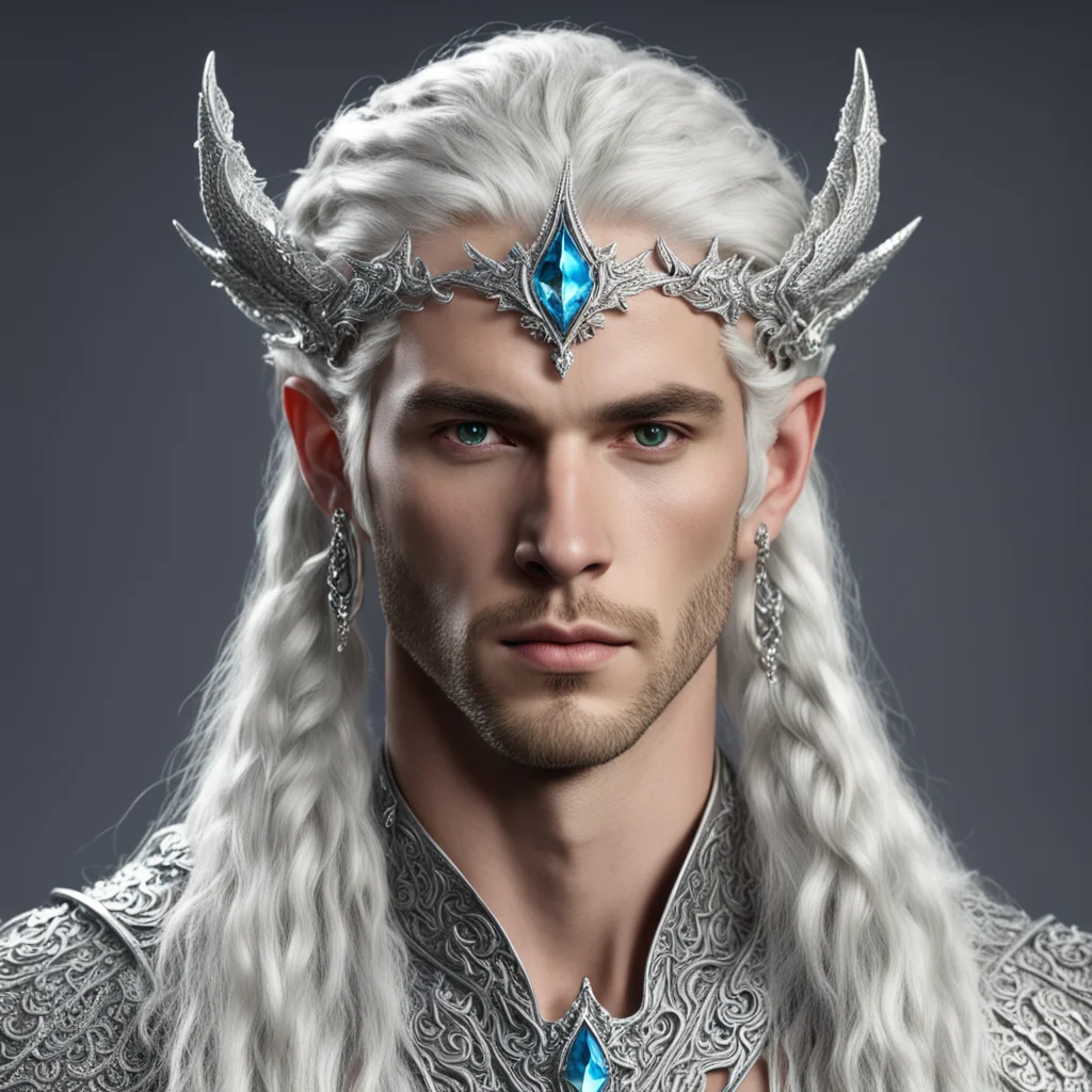 aiprince celeborn with braids wearing silver fiery dragon silver elvish circlet encrusted with diamonds with larger center diamond