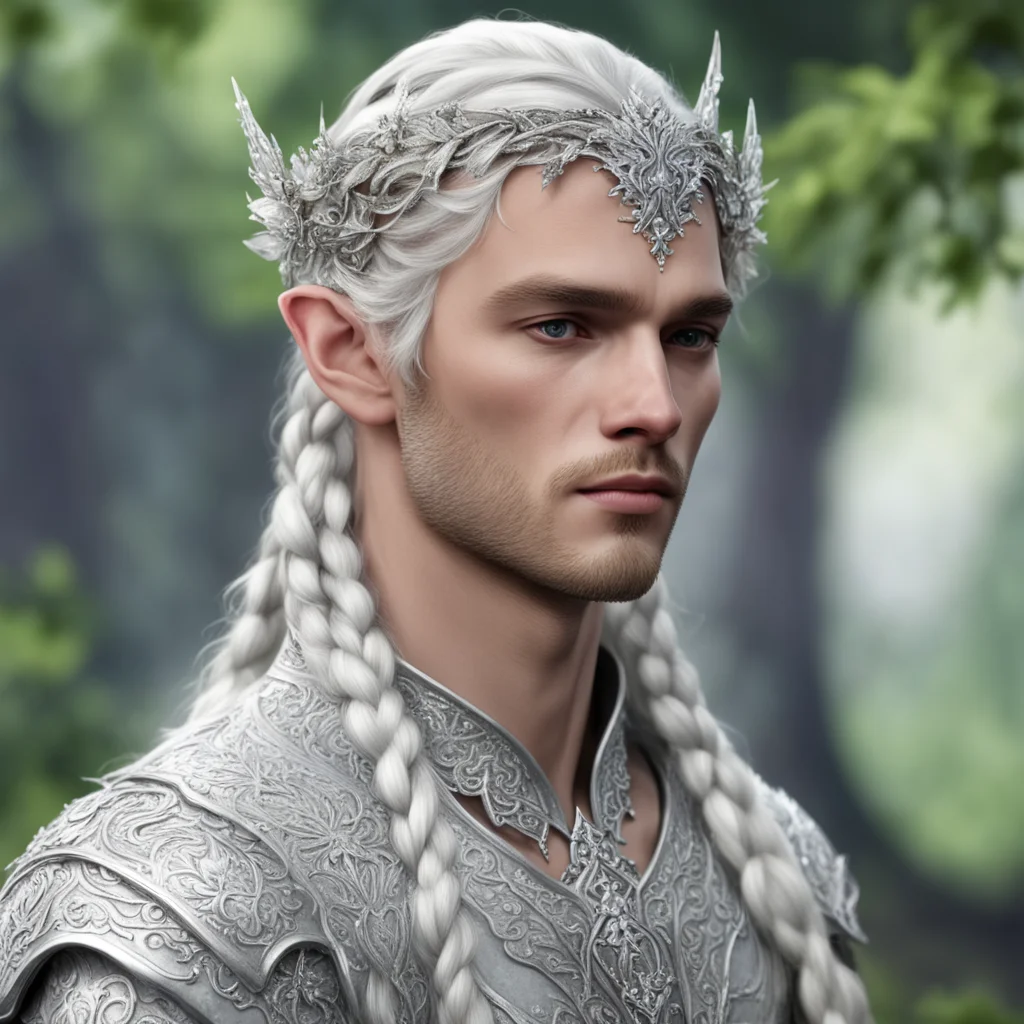 aiprince celeborn with braids wearing silver flower elvish circlet encrusted with diamonds