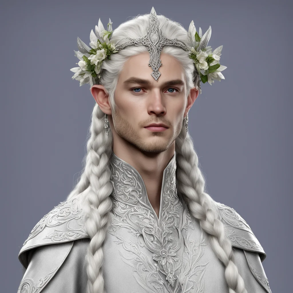 aiprince celeborn with braids wearing silver flower elvish circlet with diamonds confident engaging wow artstation art 3