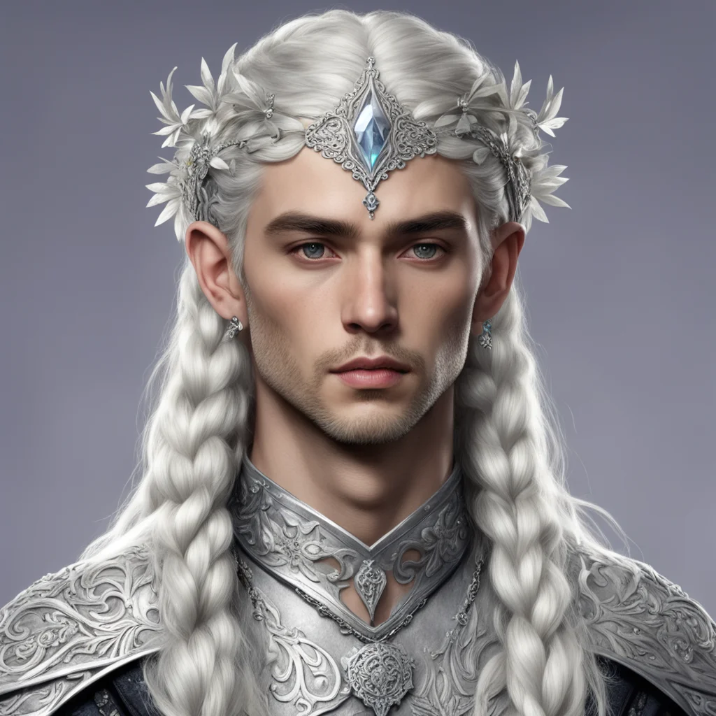 prince celeborn with braids wearing silver flower elvish circlet with large diamonds confident engaging wow artstation art 3