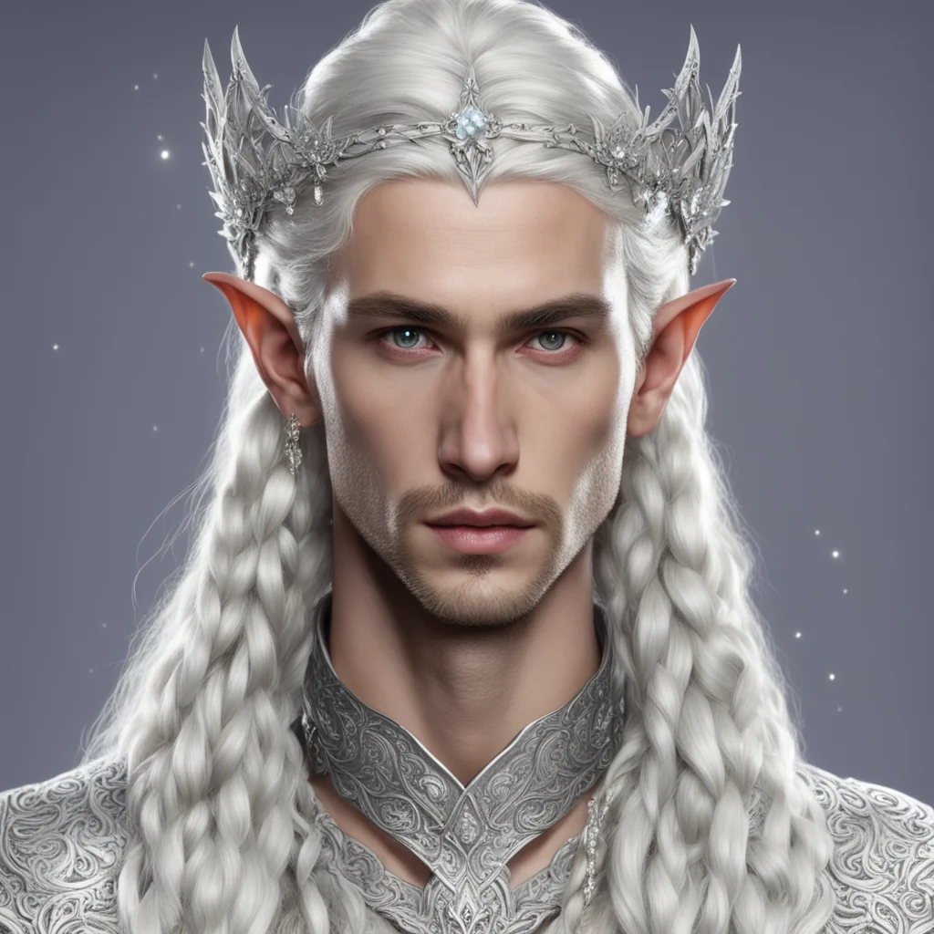 aiprince celeborn with braids wearing silver flower elvish circlet with large diamonds