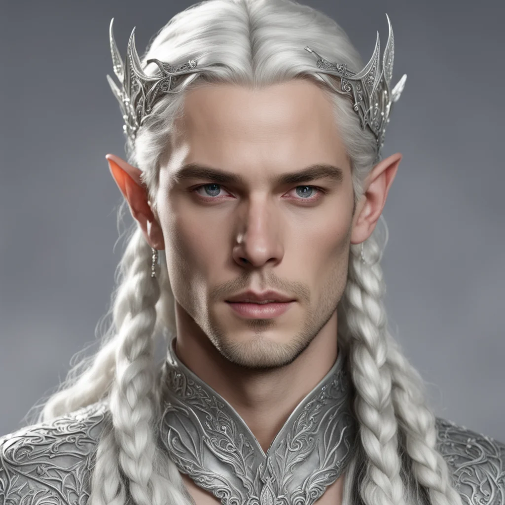 aiprince celeborn with braids wearing silver mallorn leaf silver elven circlet with diamonds amazing awesome portrait 2