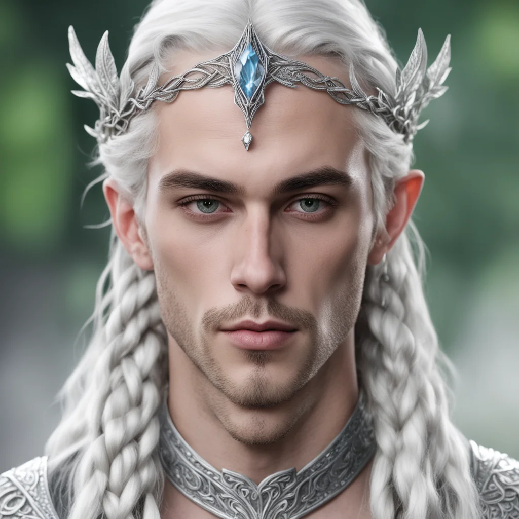 prince celeborn with braids wearing silver mallorn leaf silver elven circlet with diamonds good looking trending fantastic 1