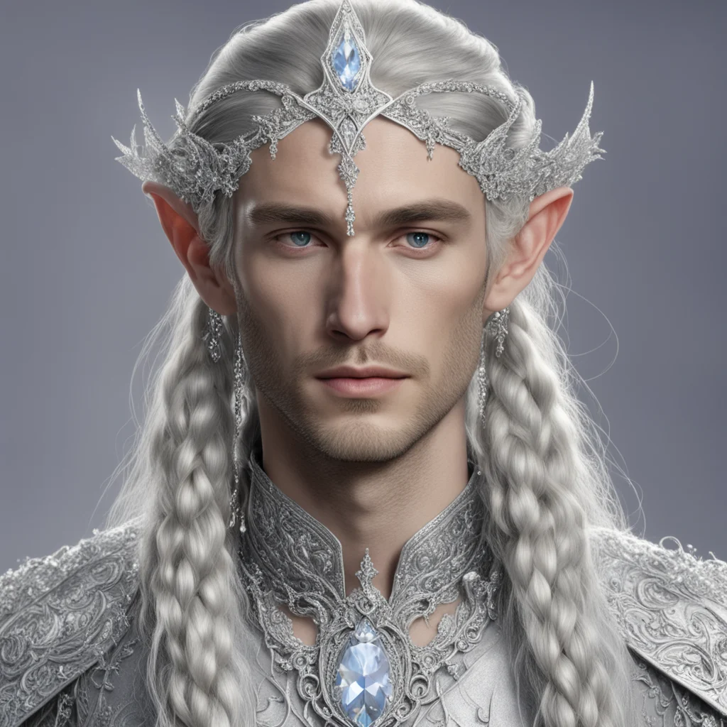 aiprince celeborn with braids wearing silver strings of diamonds wearing silver elvish circlet encrusted with diamonds with large center diamond amazing awesome portrait 2